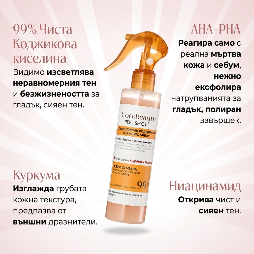 CocoBeauty Peel Shot – пилинг спрей за тяло с койова киселина и куркума
